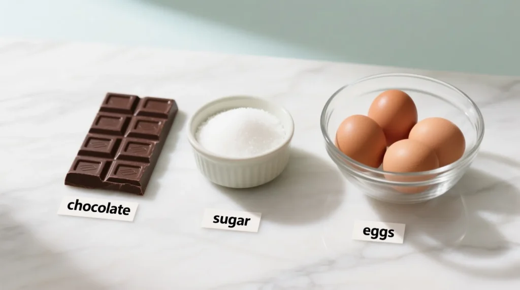 Ingrédients pour mousse au chocolat : chocolat noir, œufs frais, sucre et sel disposés sur plan de travail en bois