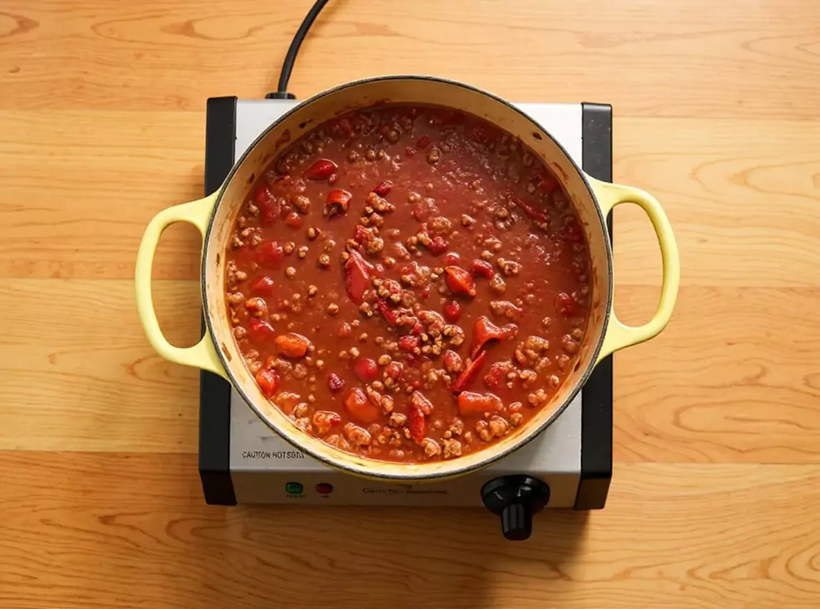 Notre chili con carne recette mijotant doucement dans une cocotte jaune, montrant la sauce tomate riche et onctueuse avant l'ajout des haricots.