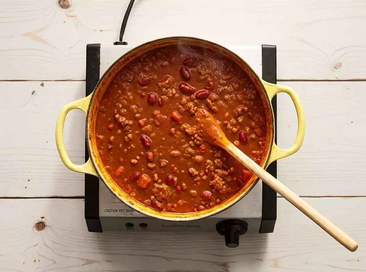 Action de remuer le chili con carne avec une cuillère en bois pour montrer sa texture onctueuse et riche dans la cocotte jaune.