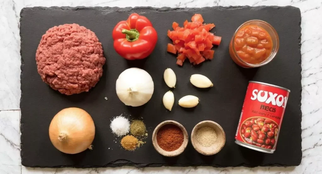 Tous les ingredients frais pour la recette chili cone carne, disposés sur une table de cuisine.
