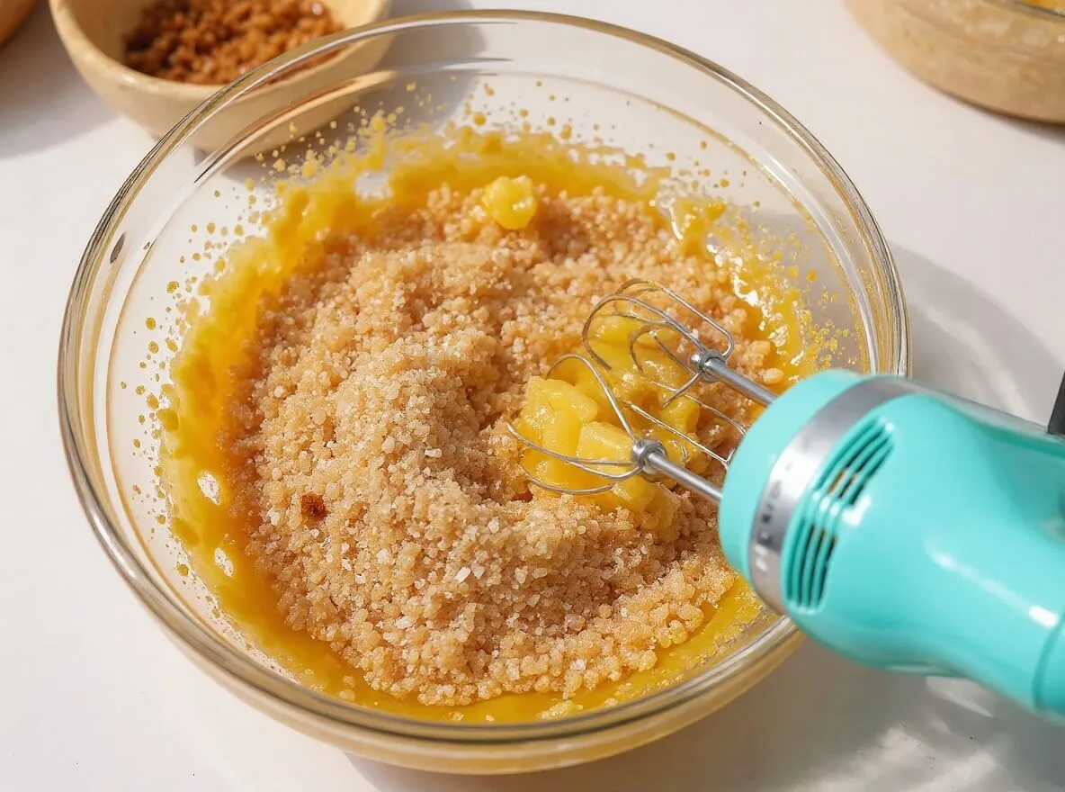 Mélange beurre fondu et sucres pour recette cookie moelleux dans saladier.