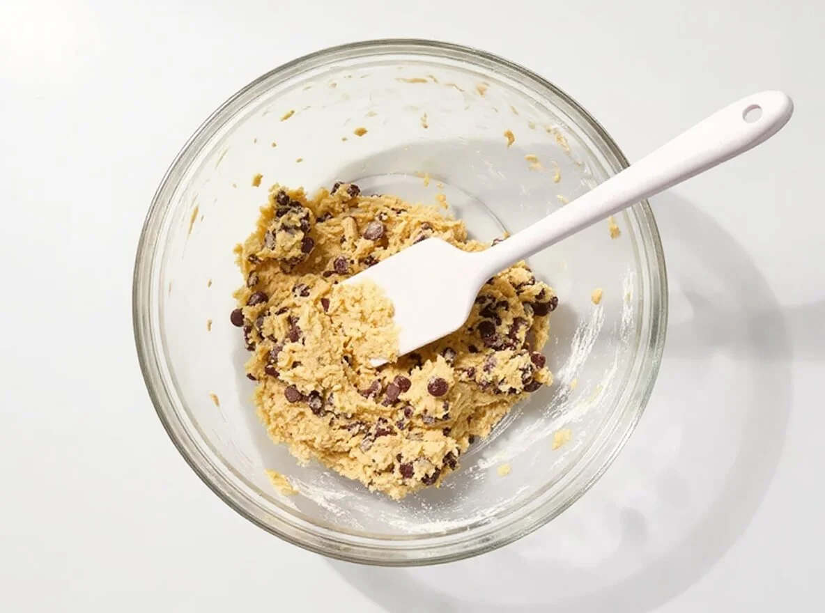 Bol en verre transparent sur un plan de travail en marbre blanc, rempli de pâte à cookies mélangée avec des pépites de chocolat, une spatule blanche reposant à l’intérieur du bol.