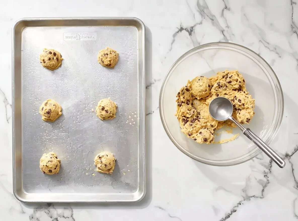 Vue de dessus d’une plaque de cuisson en métal avec six boules de pâte à cookies espacées, posée à côté d’un bol en verre contenant le reste de la pâte avec une cuillère à glace en métal.