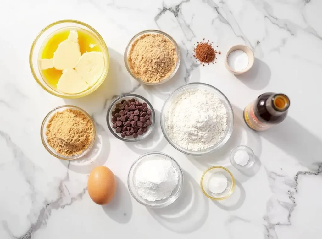 Ingrédients pour recette cookies moelleux disposés sur plan de travail - beurre, sucres, farine, pépites chocolat.