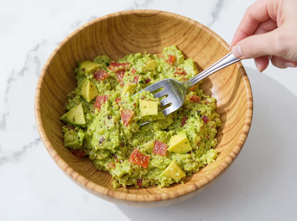 Le guacamole est mélangé dans un bol, ce qui est une étape essentielle dans la recette du guacamole.