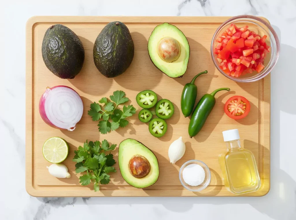 Photo aérienne de tous les ingrédients de recette Guacamole disposer esthétiquement sur planche en bois/marbre