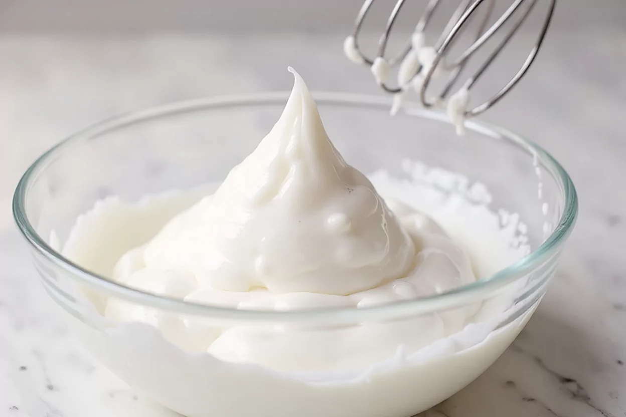 Crème fouettée dans un bol en métal pour réaliser une recette de mousse au chocolat.