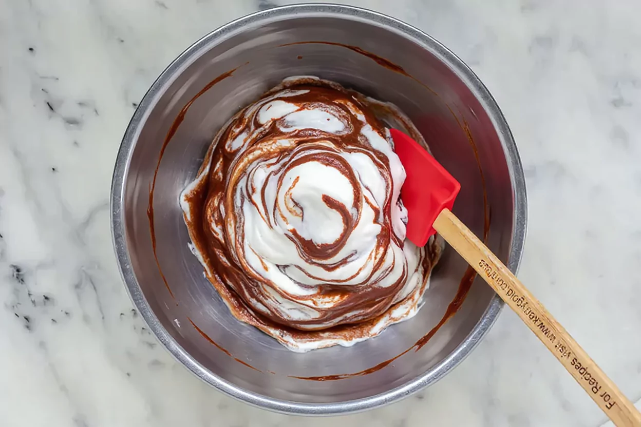 Incorporation délicate des blancs en neige dans le chocolat avec une maryse.