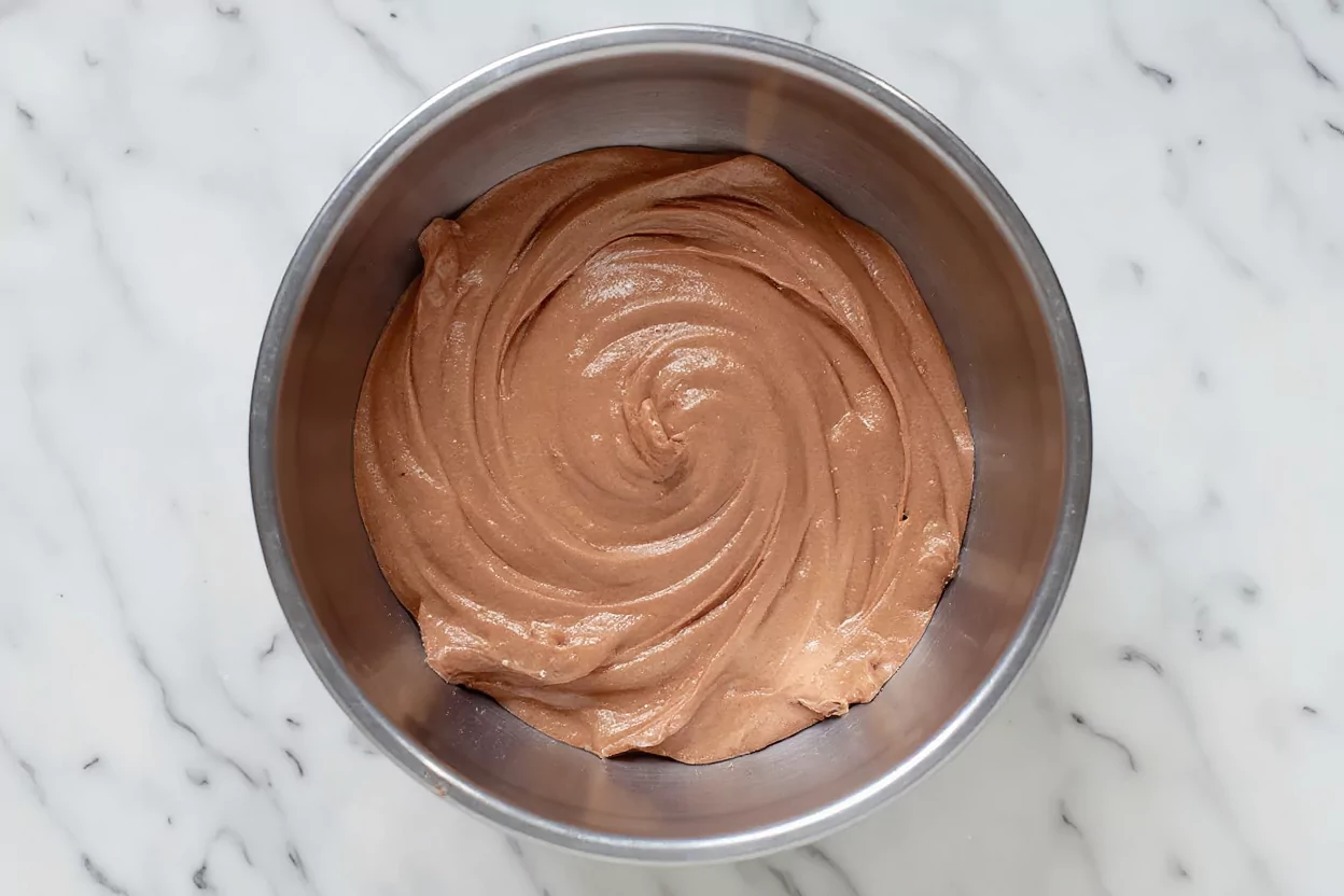 Mousse au chocolat répartie dans des verrines, prête à être réfrigérée.