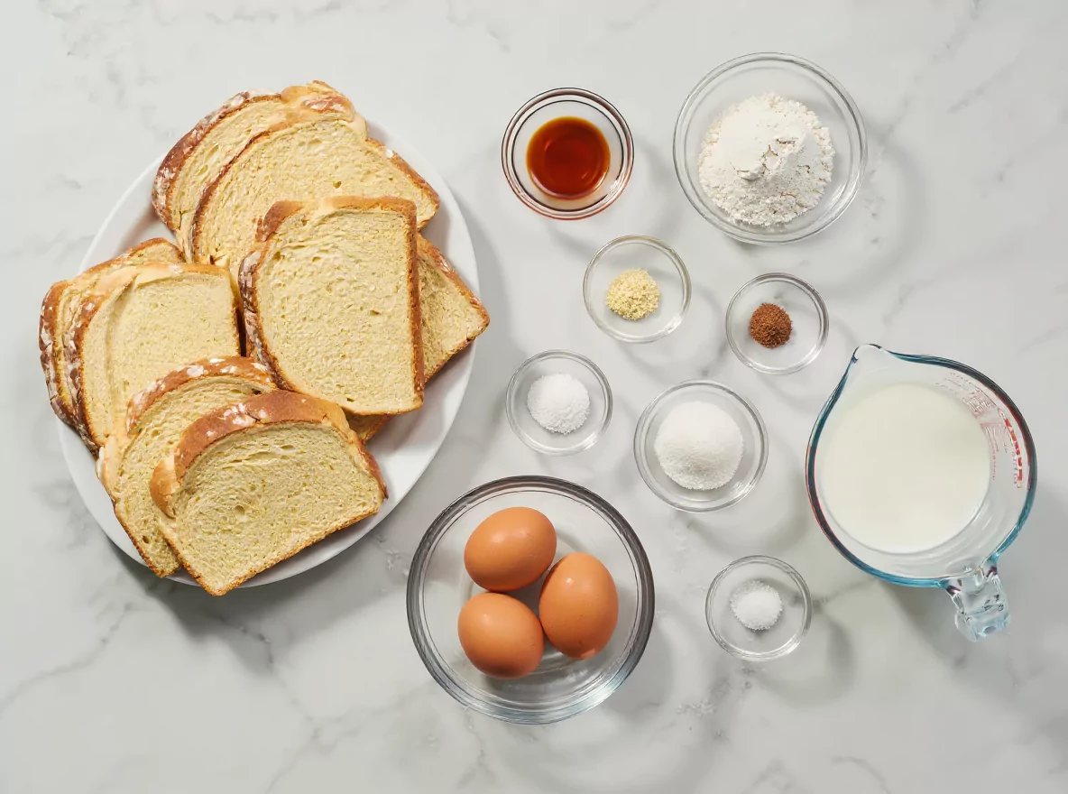Les ingrédients pour la recette de pain perdu, disposés sur un plan de travail.