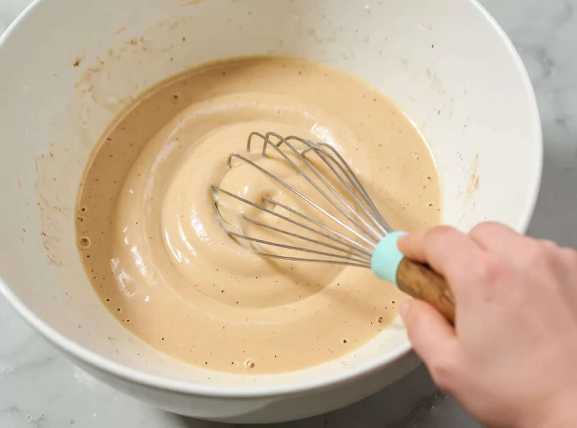 Un bol avec la pâte lisse et onctueuse pour la recette pain perdu.
