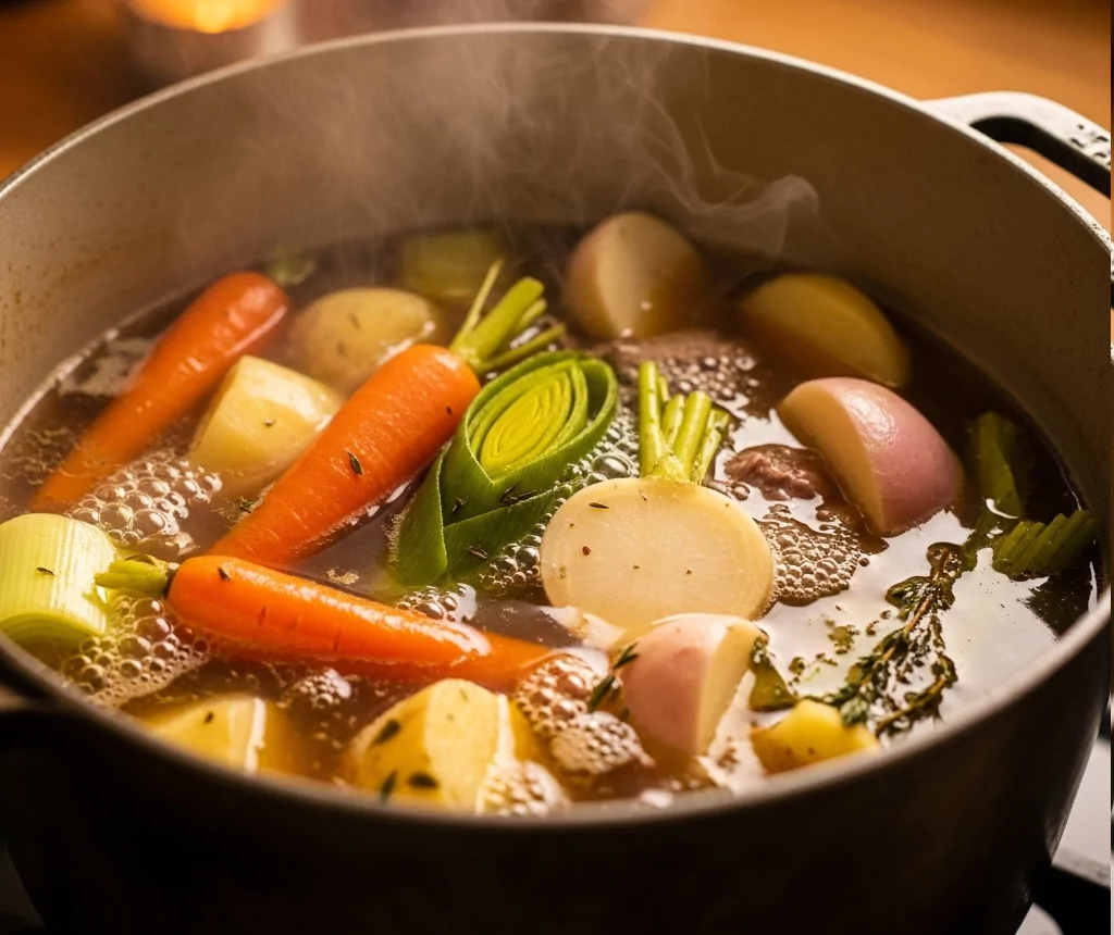 Les légumes cuisent dans le bouillon parfumé, dernière étape de notre recette pot au feu.