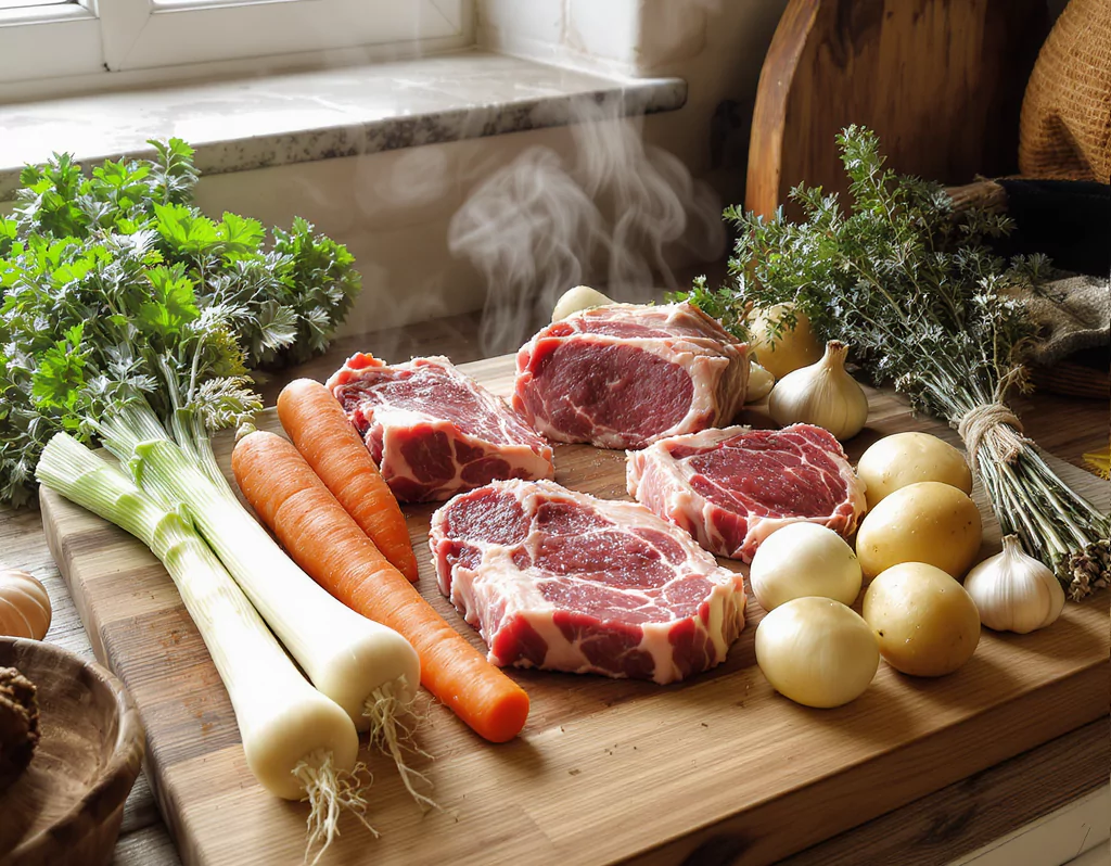 Tous les ingrédients pour la recette pot au feu traditionnel, viandes et légumes disposés sur une table.