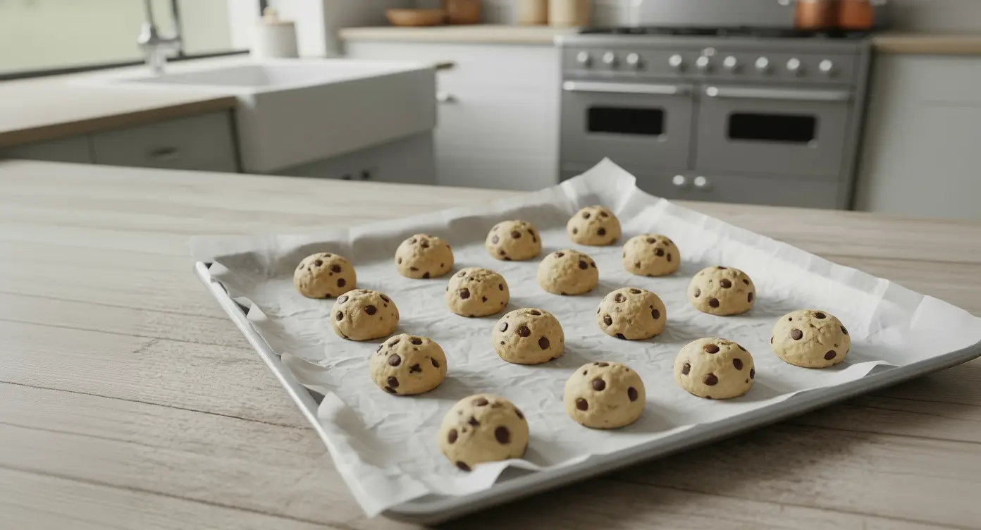 Boules de pâte à cookies américains disposées sur plaque avant cuisson