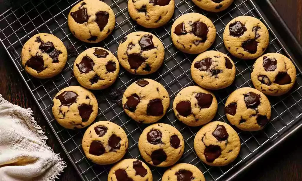 Cookies sans gluten finis refroidis sur grille, texture moelleuse visible avec chocolat fondu, prêts à déguster