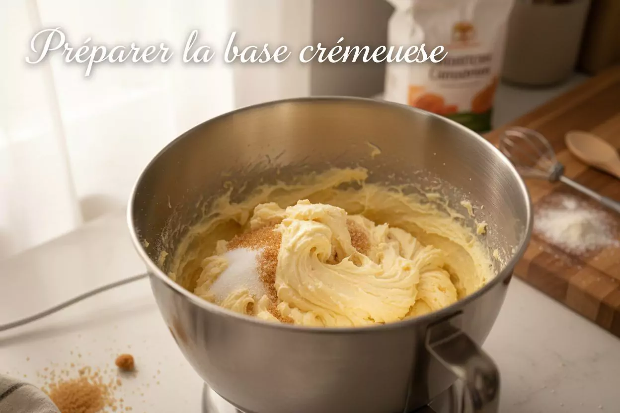 Mélange de beurre très mou avec la cassonade et le sucre blanc pour cookies Subway