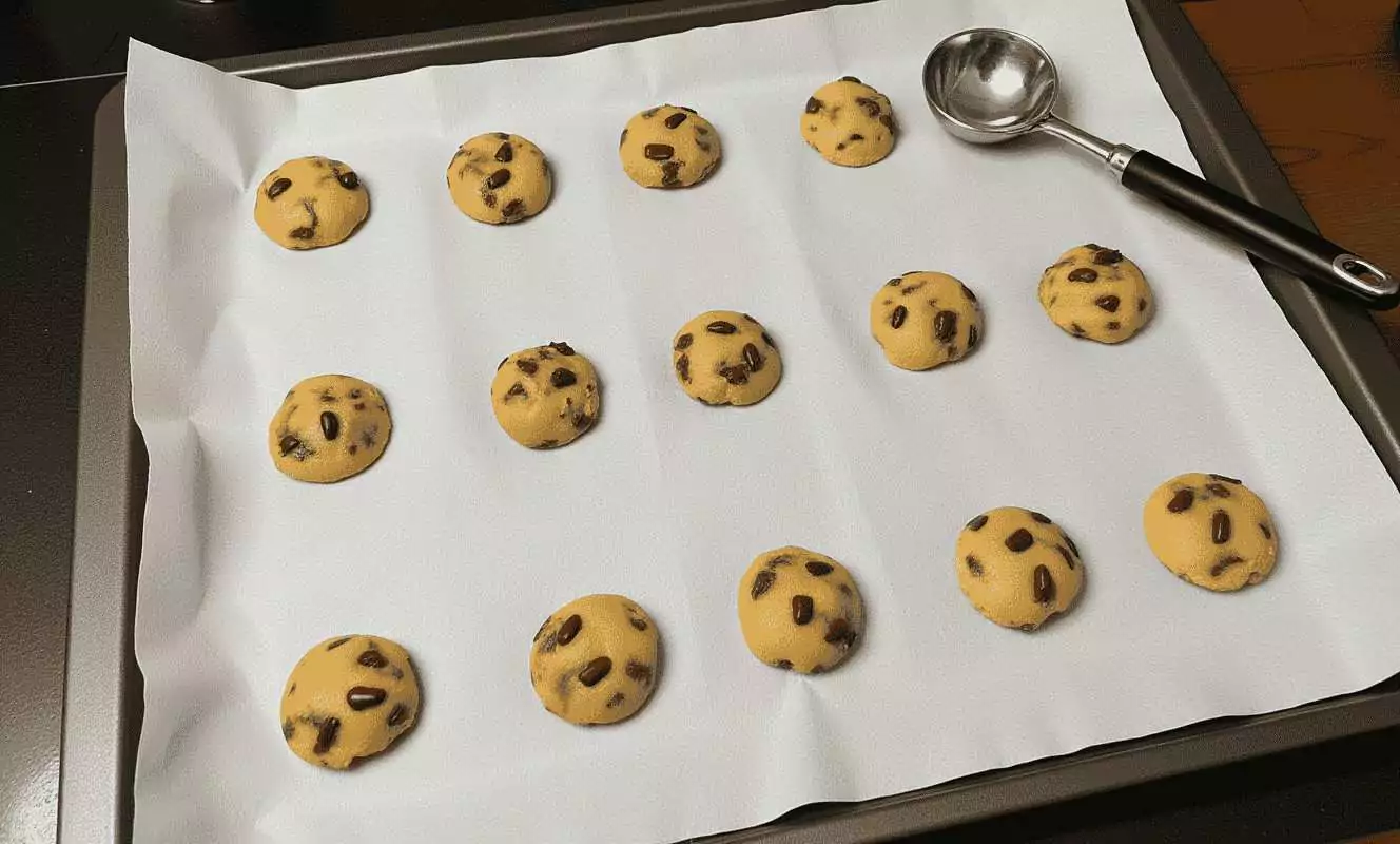 Boules de pâte à cookies sans gluten disposées sur plaque de cuisson avec papier parchemin, espacées et décorées de chocolat