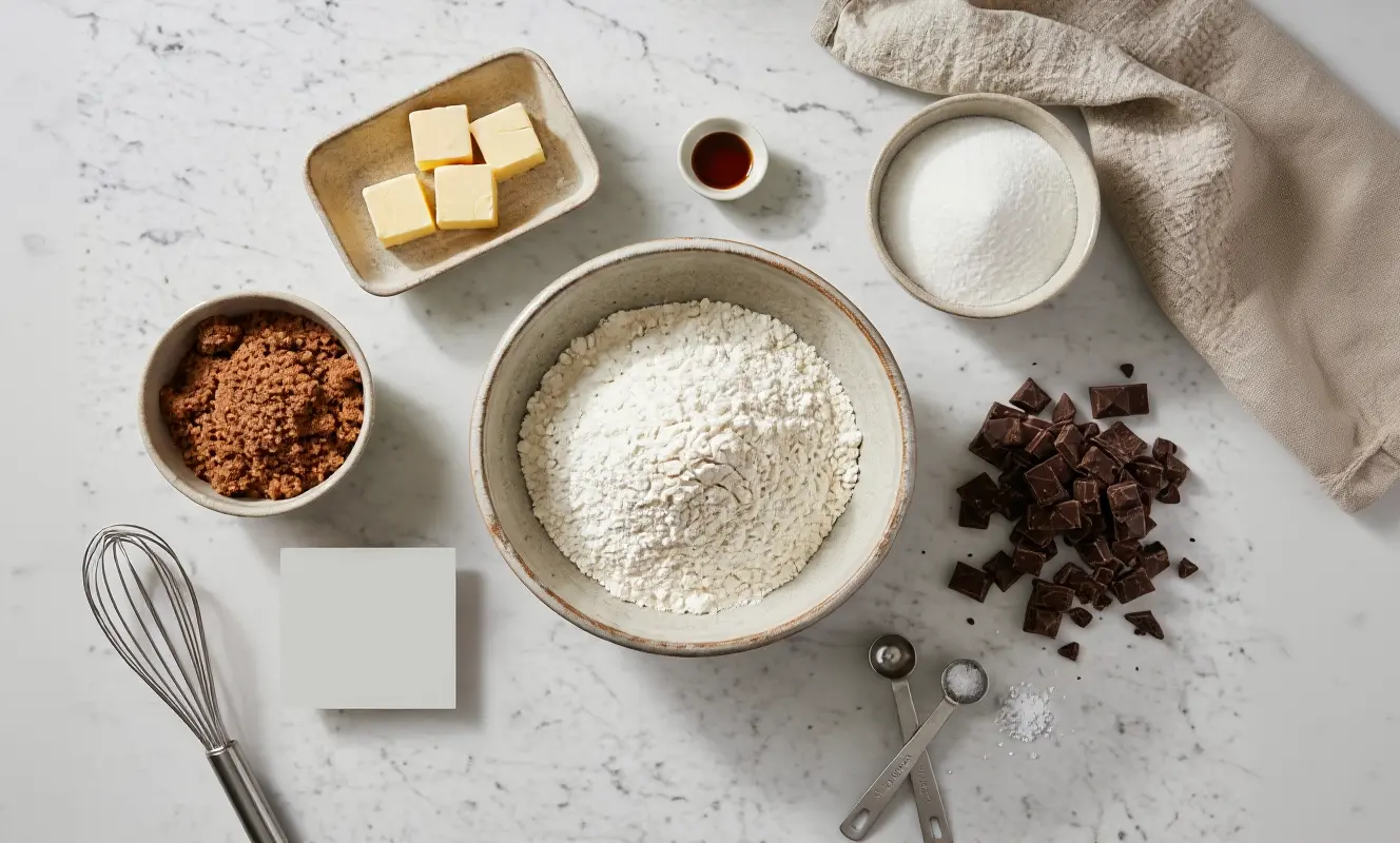 Ingrédients pour cookie dough disposés sur plan de travail : farine, cassonade, beurre, chocolat