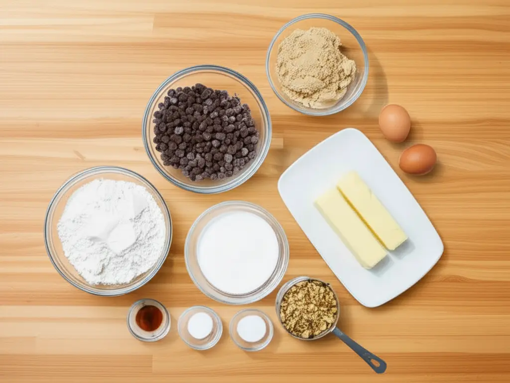 Ingrédients pour recette cookie géant : beurre, sucres, farine, pépites de chocolat et noix