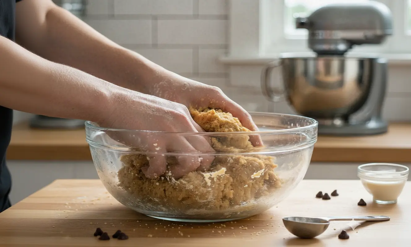 Mains pétrissant la pâte à cookie dans un saladier, texture granuleuse visible