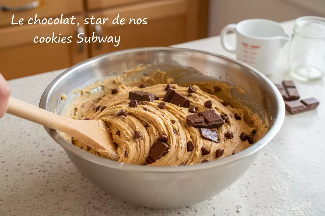 Pâte à cookies avec les pépites de chocolat incorporées à la spatule en bois