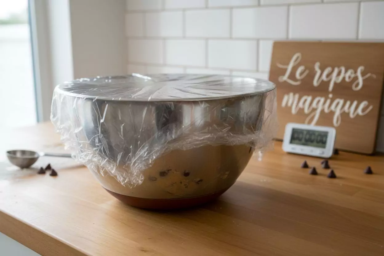 Pâte à cookies recouverte d'un film plastique prête pour le repos au réfrigérateur
