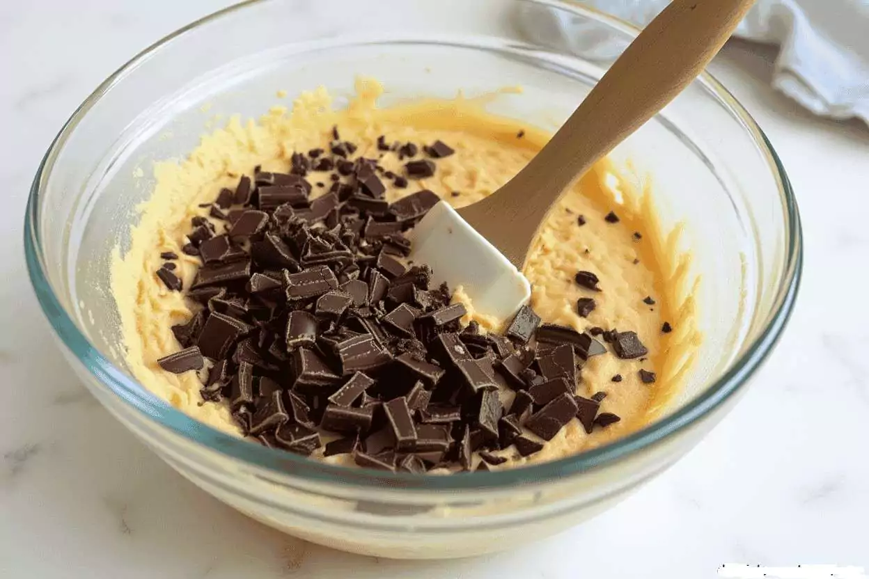 Pâte à cookies sans gluten finie avec morceaux de chocolat incorporés, texture homogène et appétissante dans un grand saladier