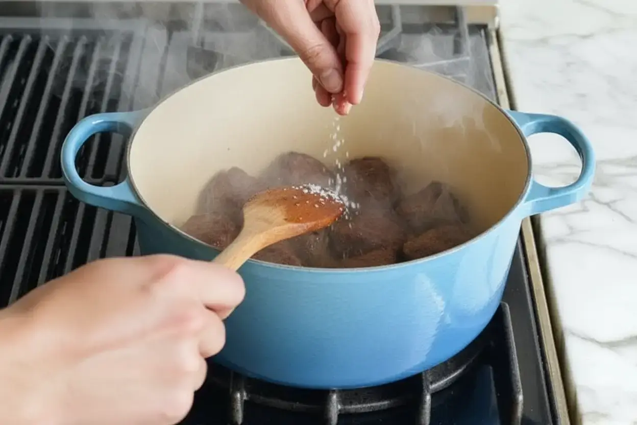 Saisie parfaite du boeuf dans la cocotte pour développer les saveurs