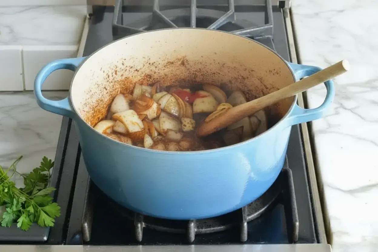 Cuisson des oignons et de l'ail avec les sucs de viande caramélisés