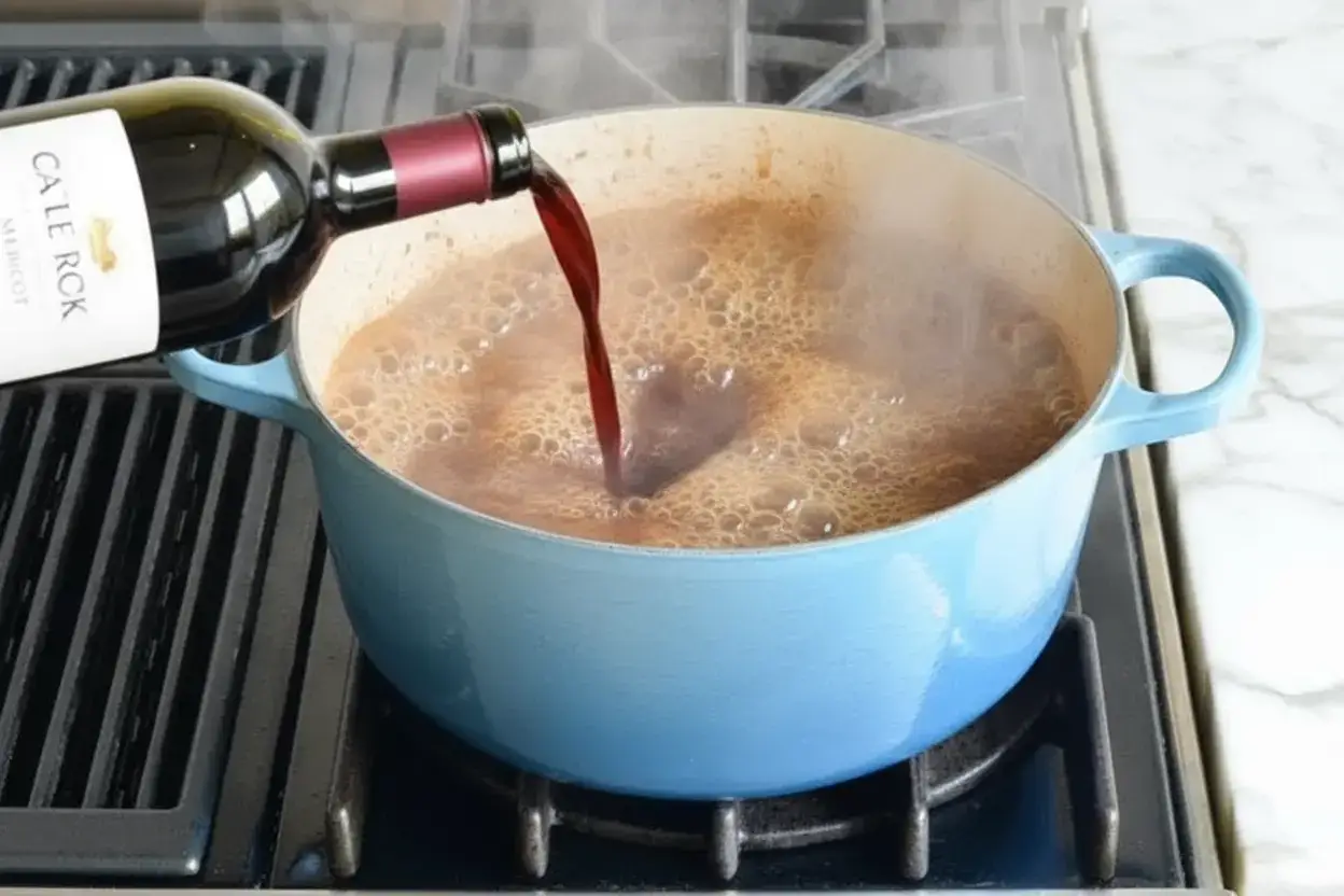 Déglaçage au vin rouge pour créer la base de la sauce parfumée