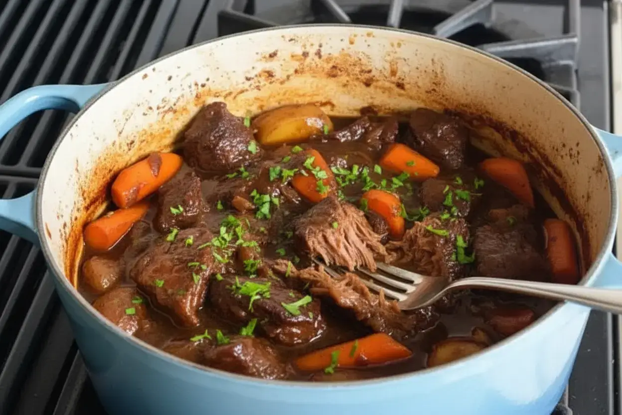 Ragoût terminé : viande fondante, légumes moelleux et sauce onctueuse