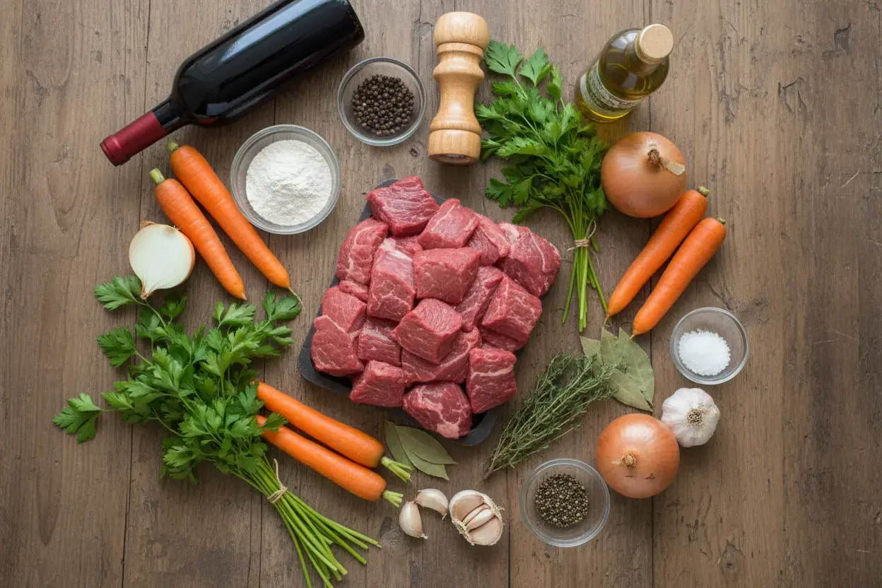 Ingrédients frais pour la recette boeuf carotte : paleron, carottes, oignons et aromates