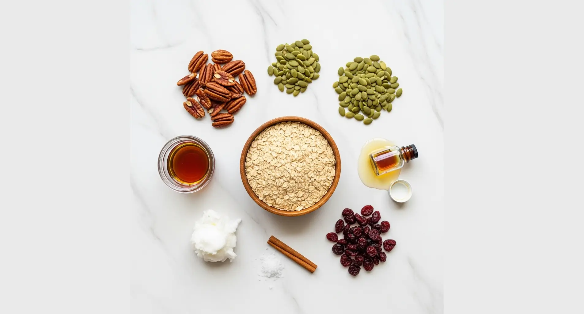 Ingrédients pour recette granola maison - avoine, noix, sirop d'érable