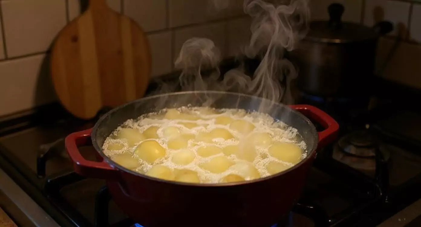 Pommes de terre en train de cuire dans une casserole d’eau salée pour préparer la purée du hachis parmentier