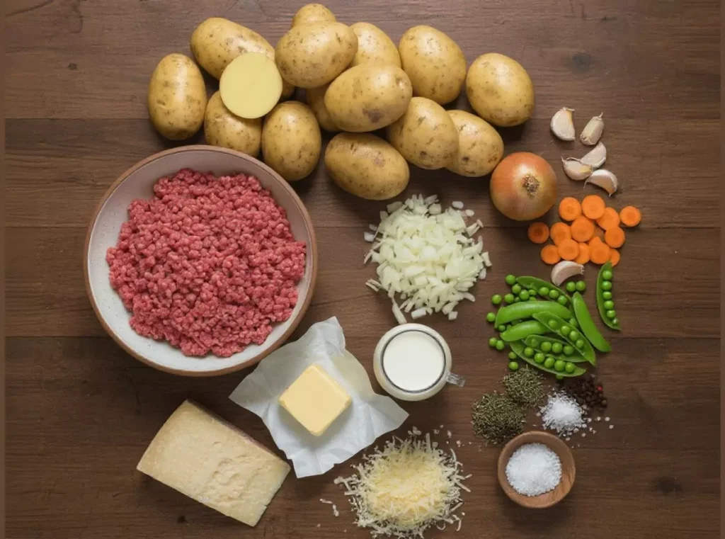 Ingrédients du hachis parmentier traditionnel disposés sur un plan de travail
