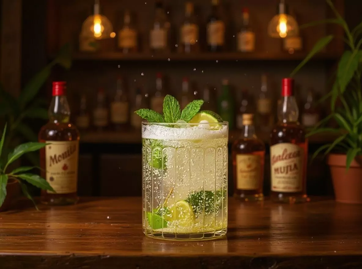 Ambiance cubaine authentique avec mojito sur comptoir de bar traditionnel