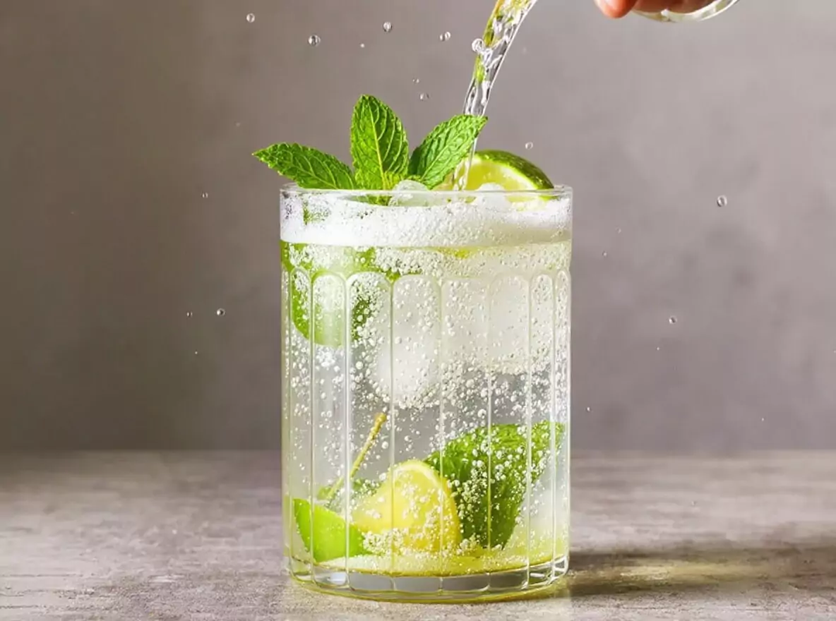 Étape 5 mojito : ajout de l'eau gazeuse et mélange final du cocktail