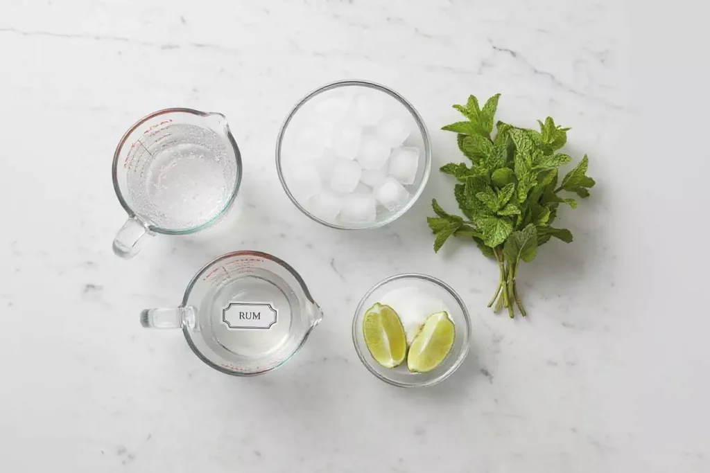 Tous les ingrédients pour la recette mojito disposés : menthe fraîche, citrons verts, sucre, rhum blanc et glaçons