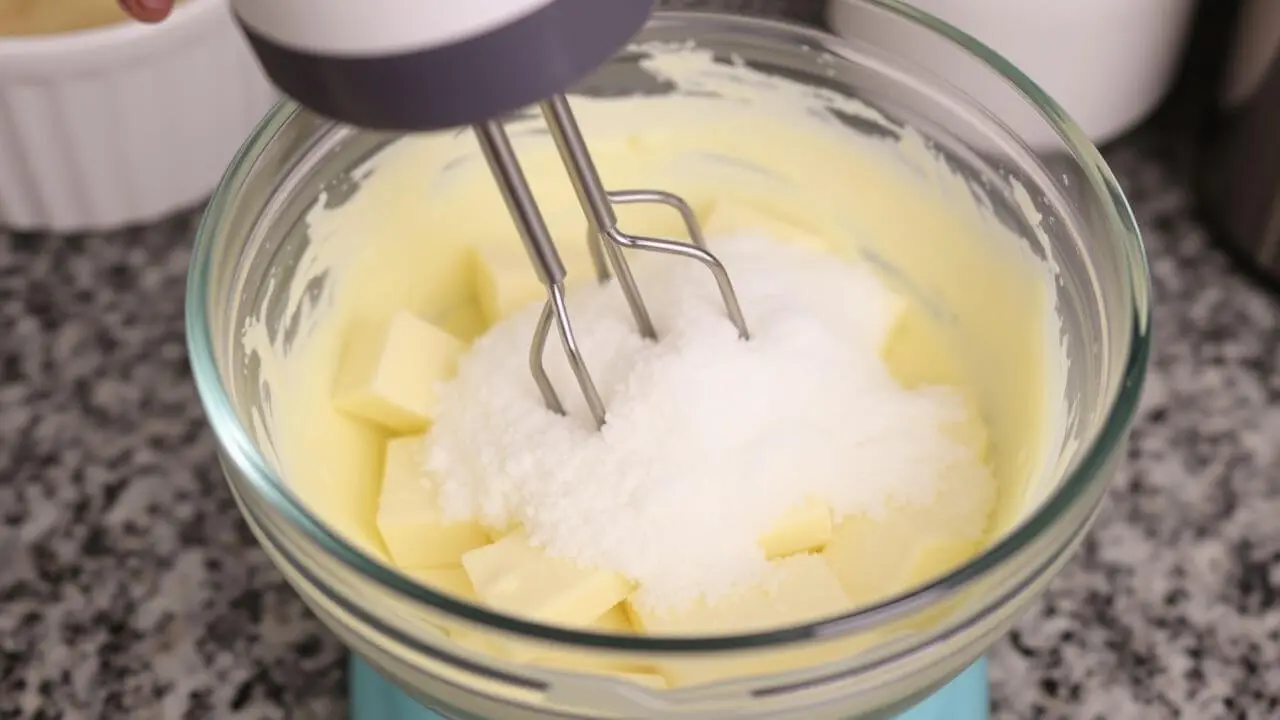 Mélange du beurre et sucre au batteur électrique jusqu'à obtenir une texture crémeuse