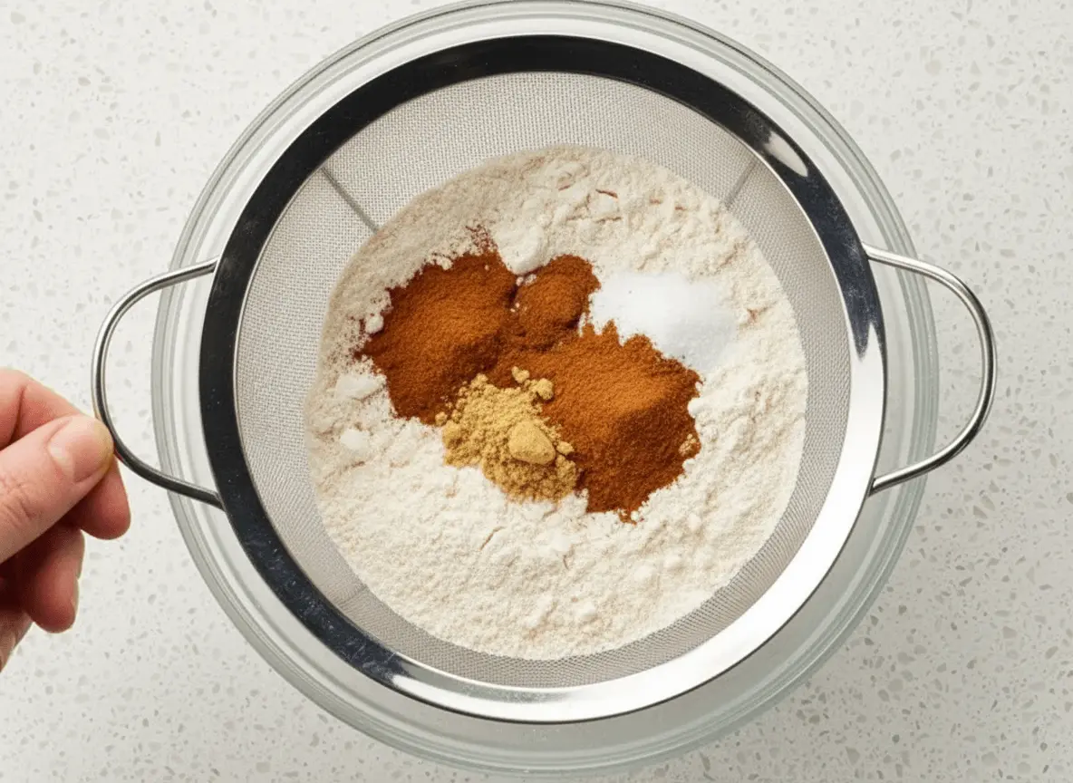 Tamisage de la farine avec les épices et le bicarbonate dans un saladier à part