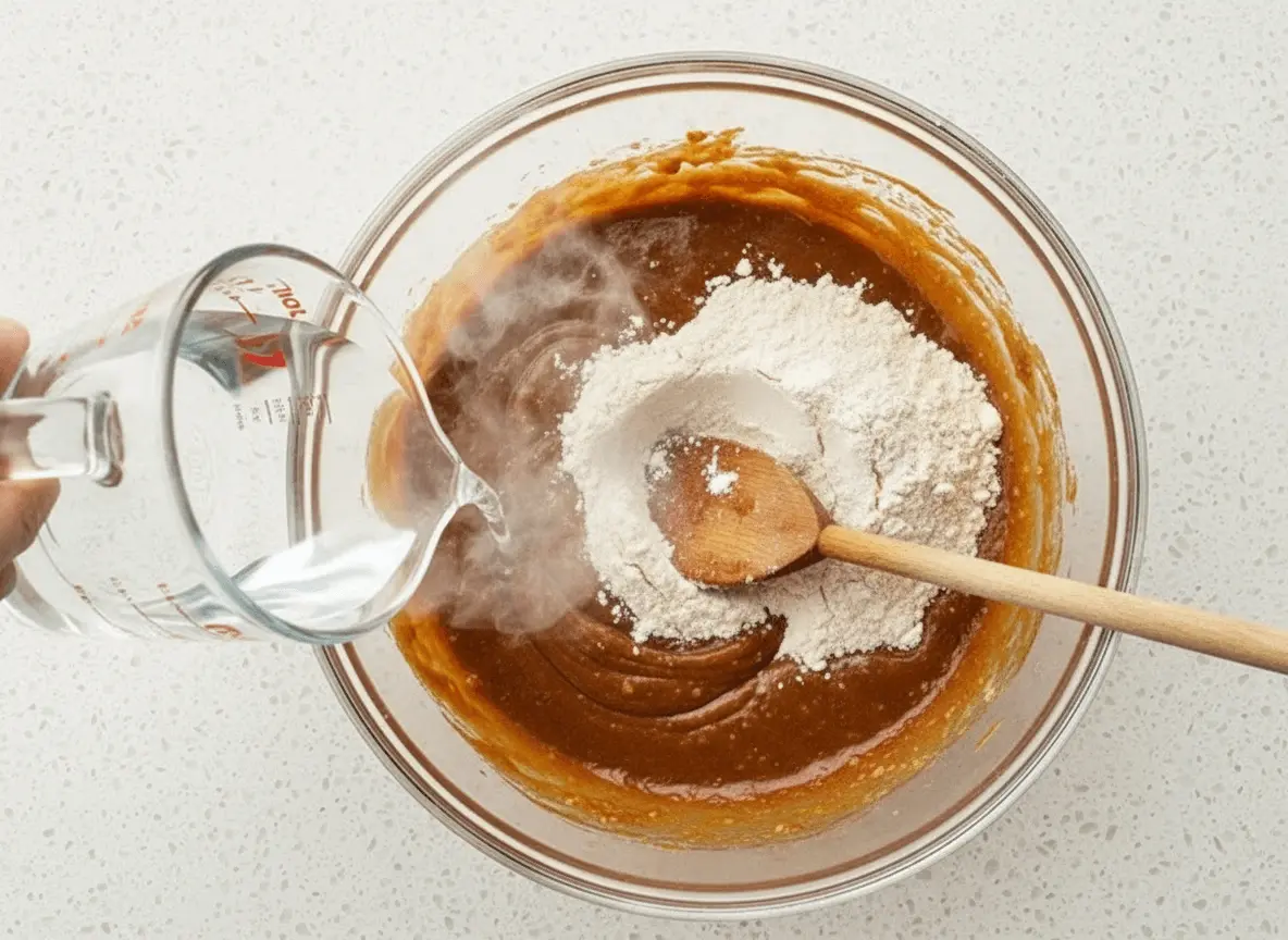 Assemblage de la pâte : alternance entre ingrédients secs et eau chaude