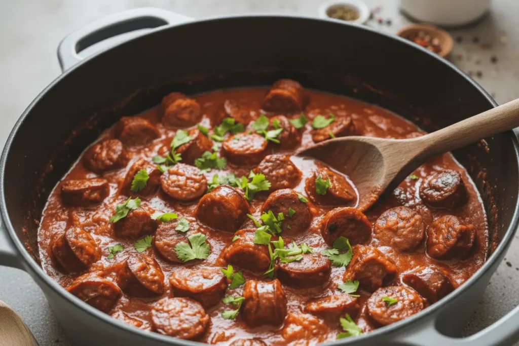 Rougail saucisse terminé dans la casserole, sauce rouge onctueuse avec saucisses dorées