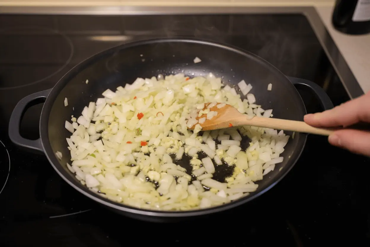 Étape 1 rougail : oignons, ail et gingembre qui reviennent dans l'huile d'olive