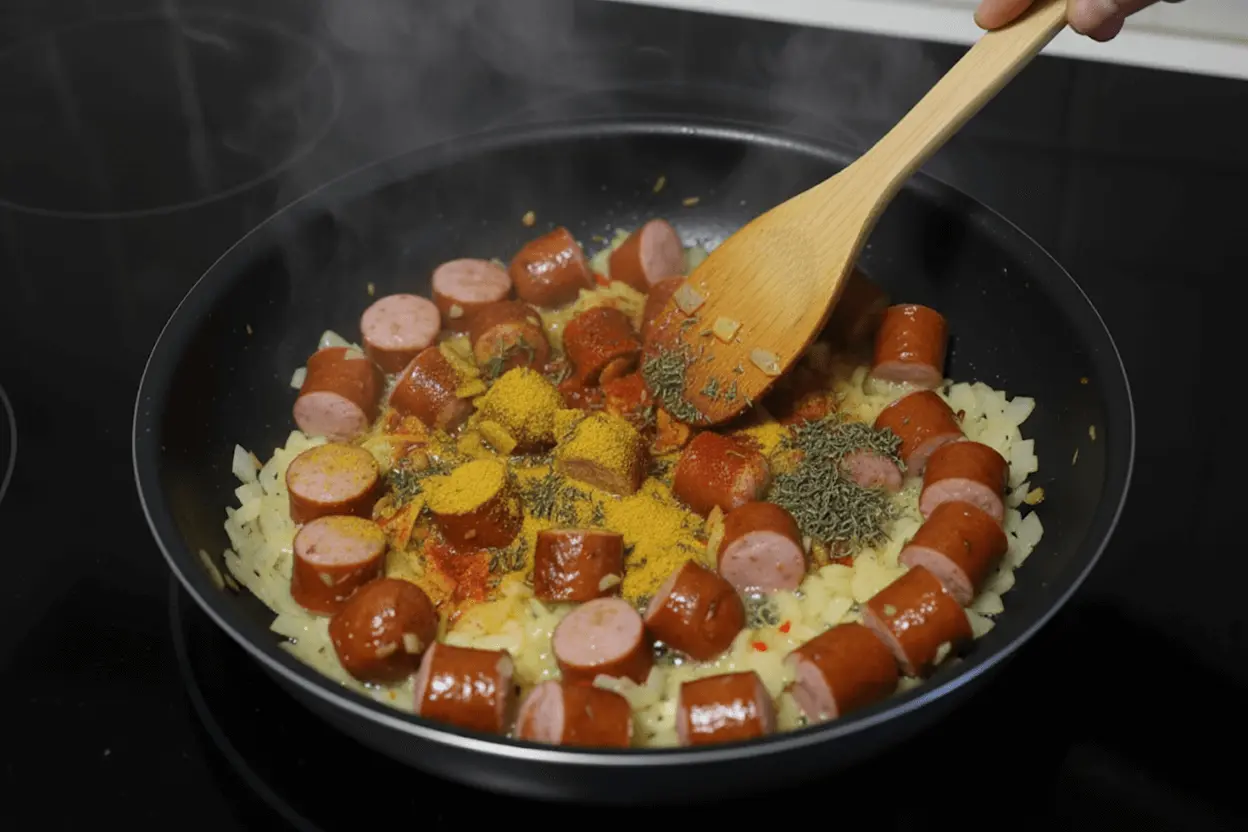 Étape 3 rougail : ajout des épices colorées (curcuma, paprika, thym) dans la casserole