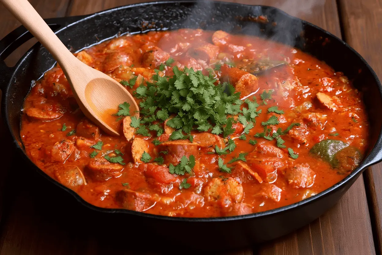 Étape finale : rougail saucisse garni de coriandre fraîche, prêt à servir