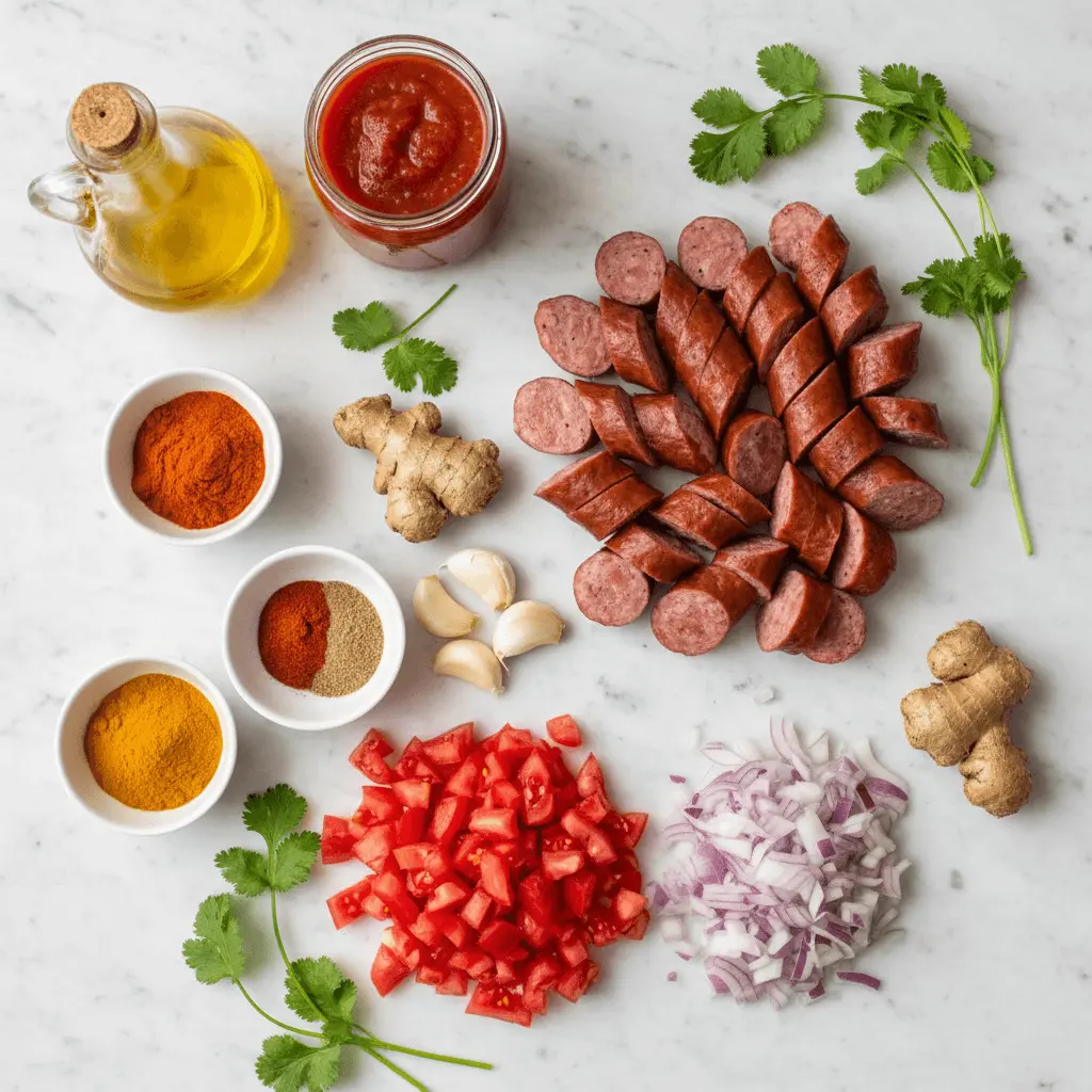Tous les ingrédients du rougail saucisse disposés : épices colorées, tomates fraîches, saucisses