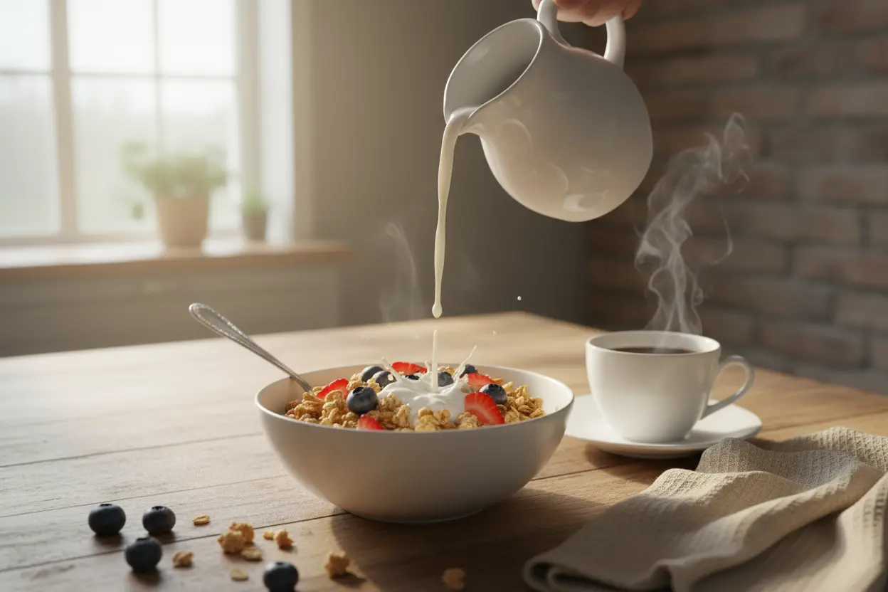 ranola maison servi avec fruits frais et lait au petit-déjeuner