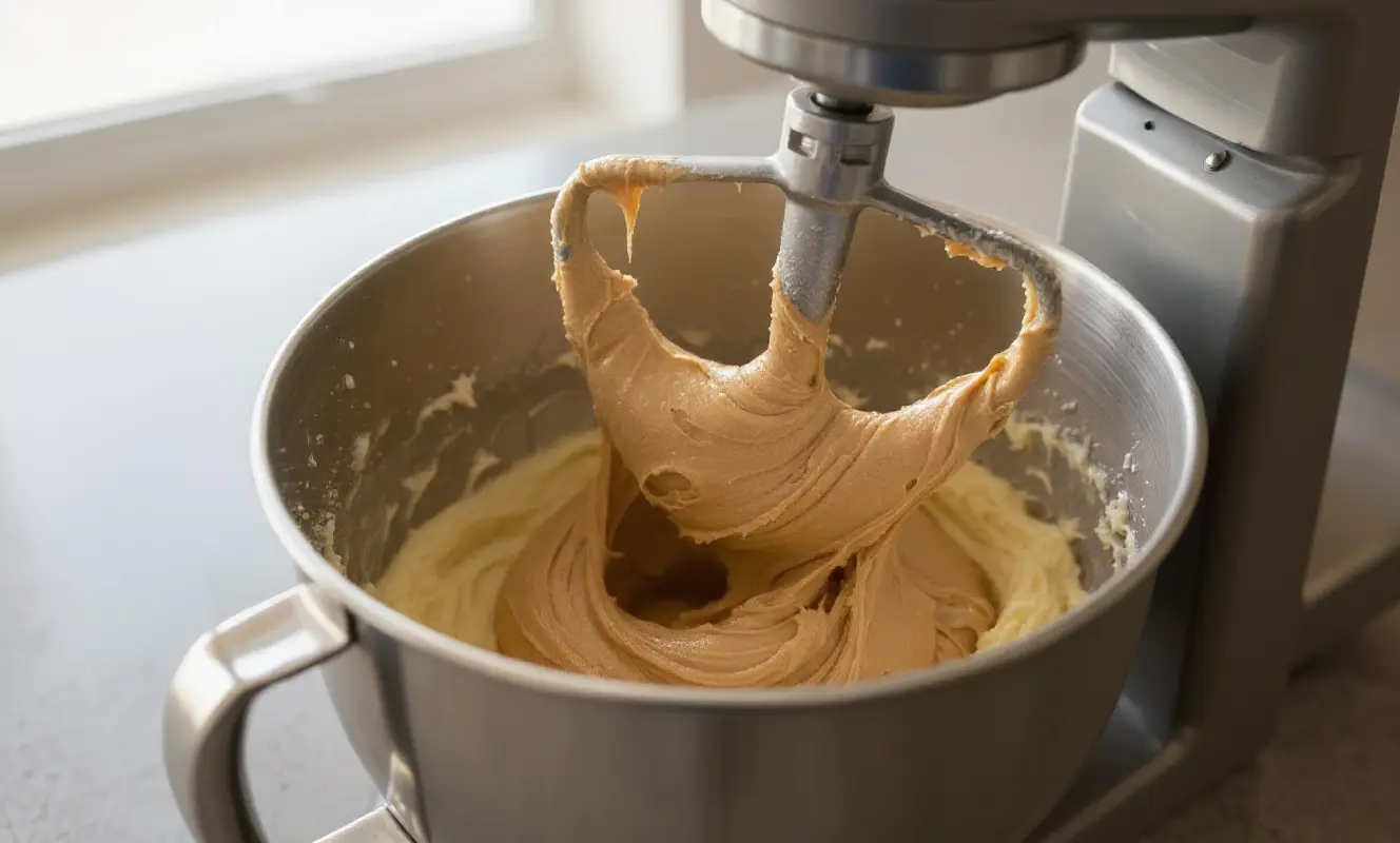 Beurre de cacahuète crémeux ajouté dans le mélange de beurre et sucre dans un bol de mixeur