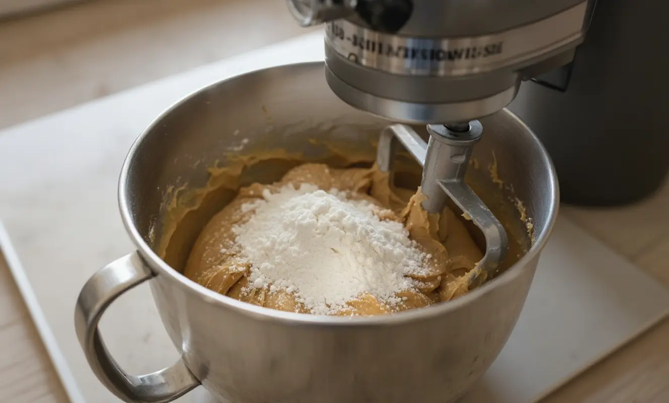 Farine tamisée ajoutée au mélange de pâte à cookies dans un batteur, prête à être incorporée délicatement