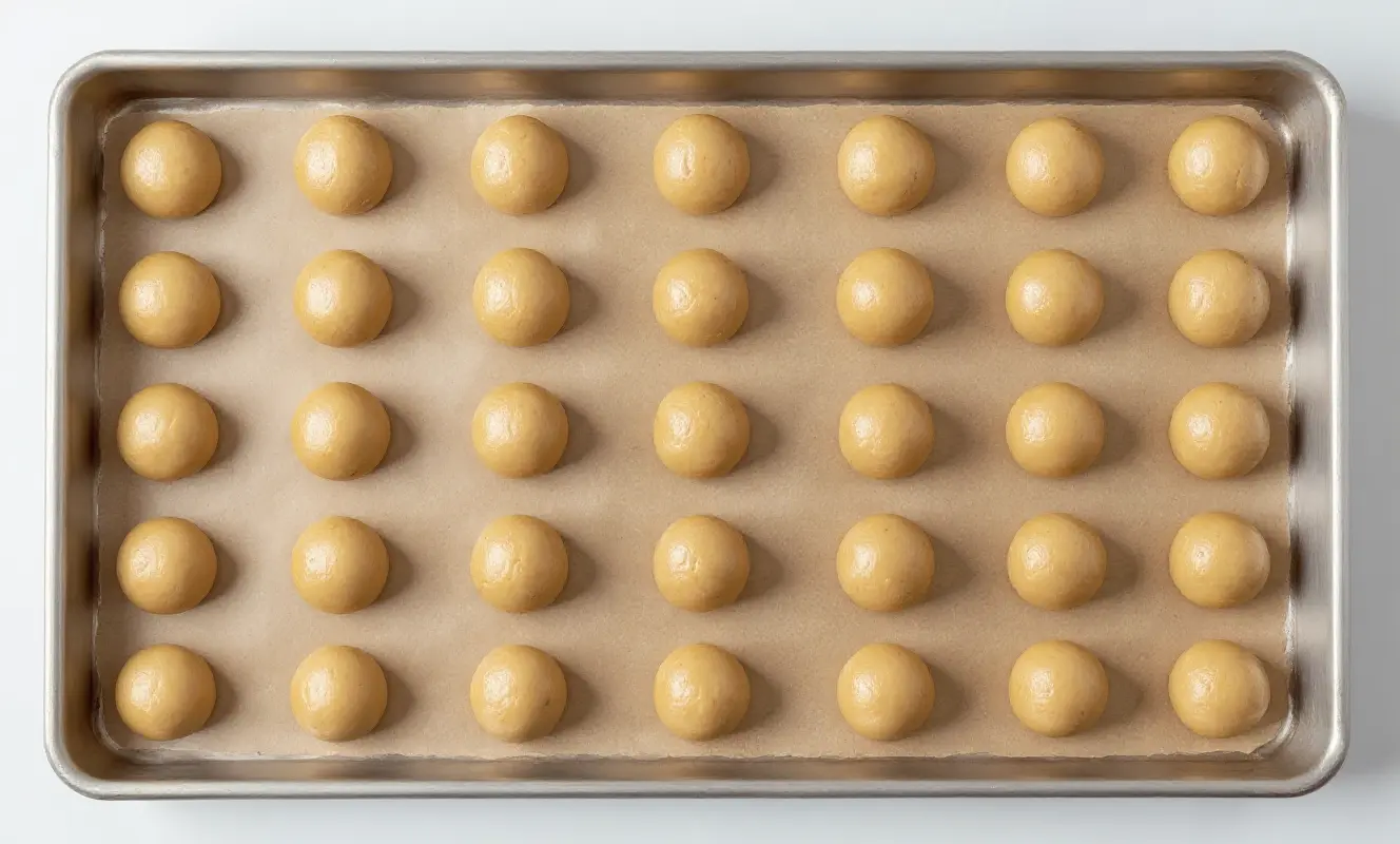 Boules de pâte à cookies au beurre de cacahuète disposées sur une plaque de cuisson recouverte de papier sulfurisé, espacées uniformément